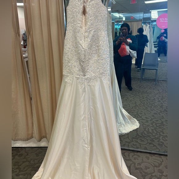 Champagne color gown with an Appliqué bodice, sweep train, scalloped bottom. - Picture 6 of 10